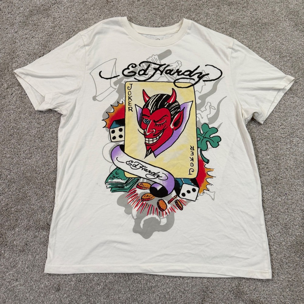 Ed Hardy Graphic T-Shirt Mens M Cream Devil Joker Playing Card Tattoo Y2K
